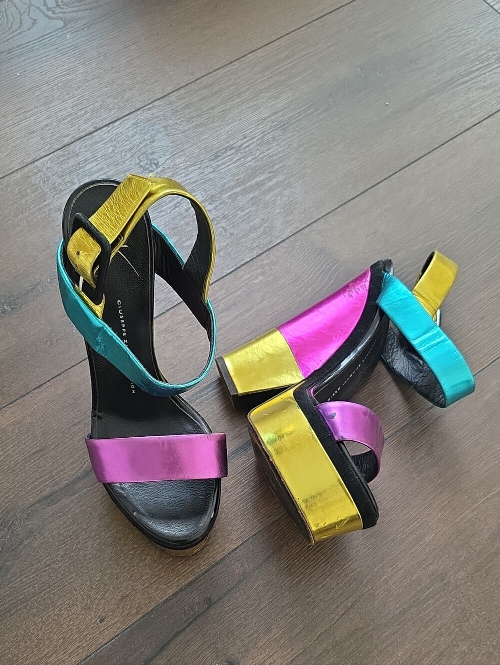 Giuseppe Zanotti metallic color block leather platform wedge sandals